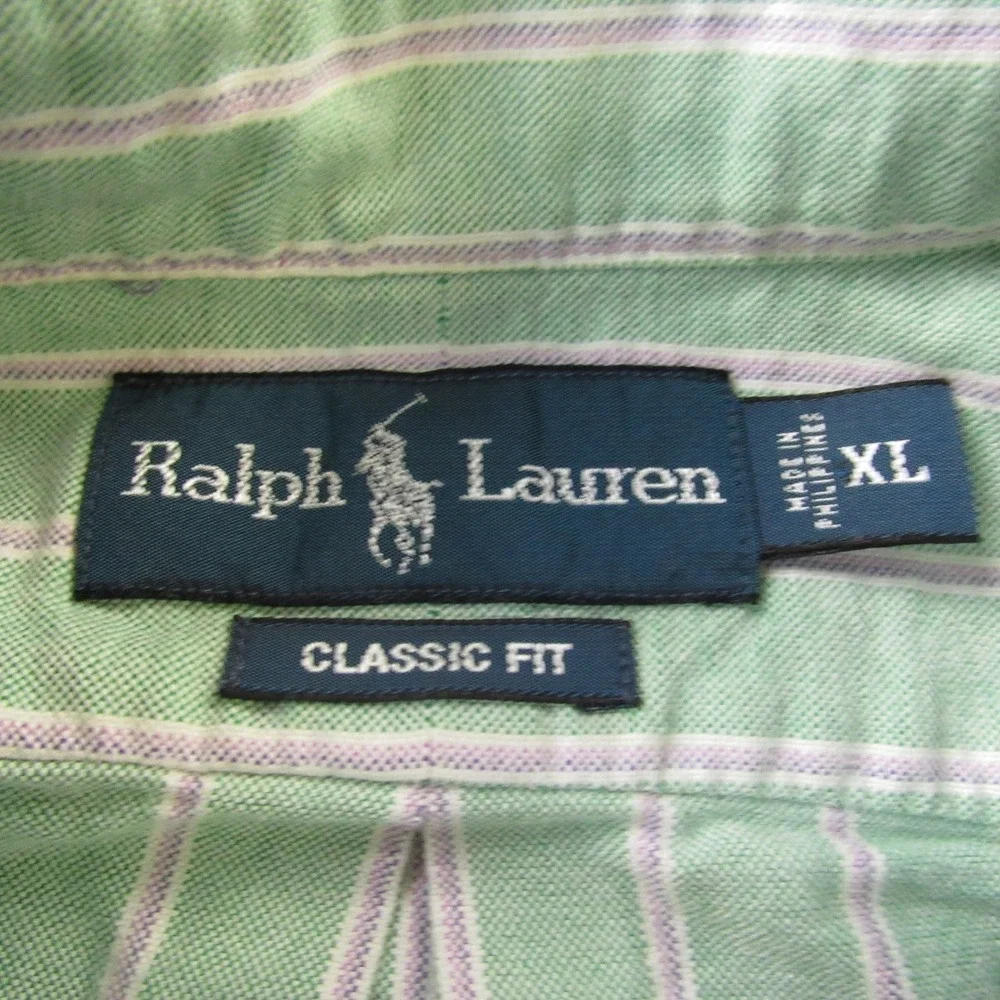 Ralph Lauren Shirt Mens XL Green Stripe Classic‎ Fit Short Sleeve Button Down